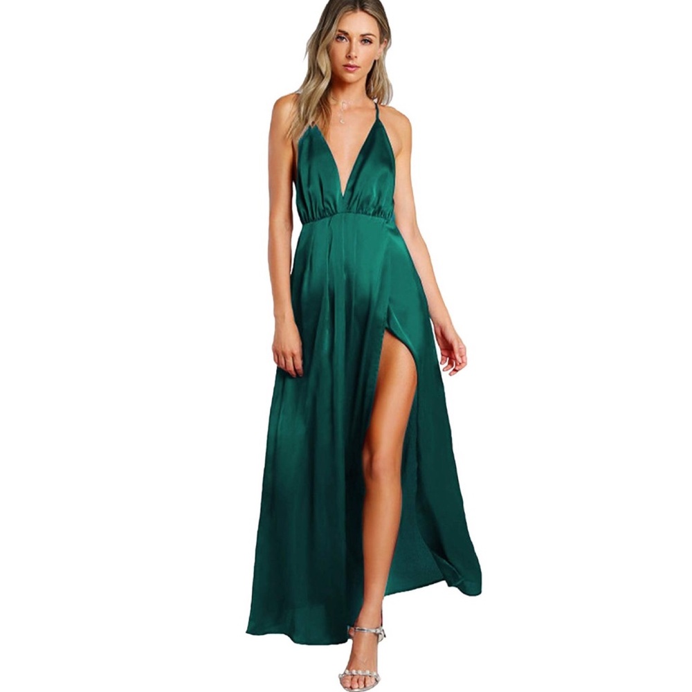 Sexy Satin Deep V Neck Backless Maxi Dress